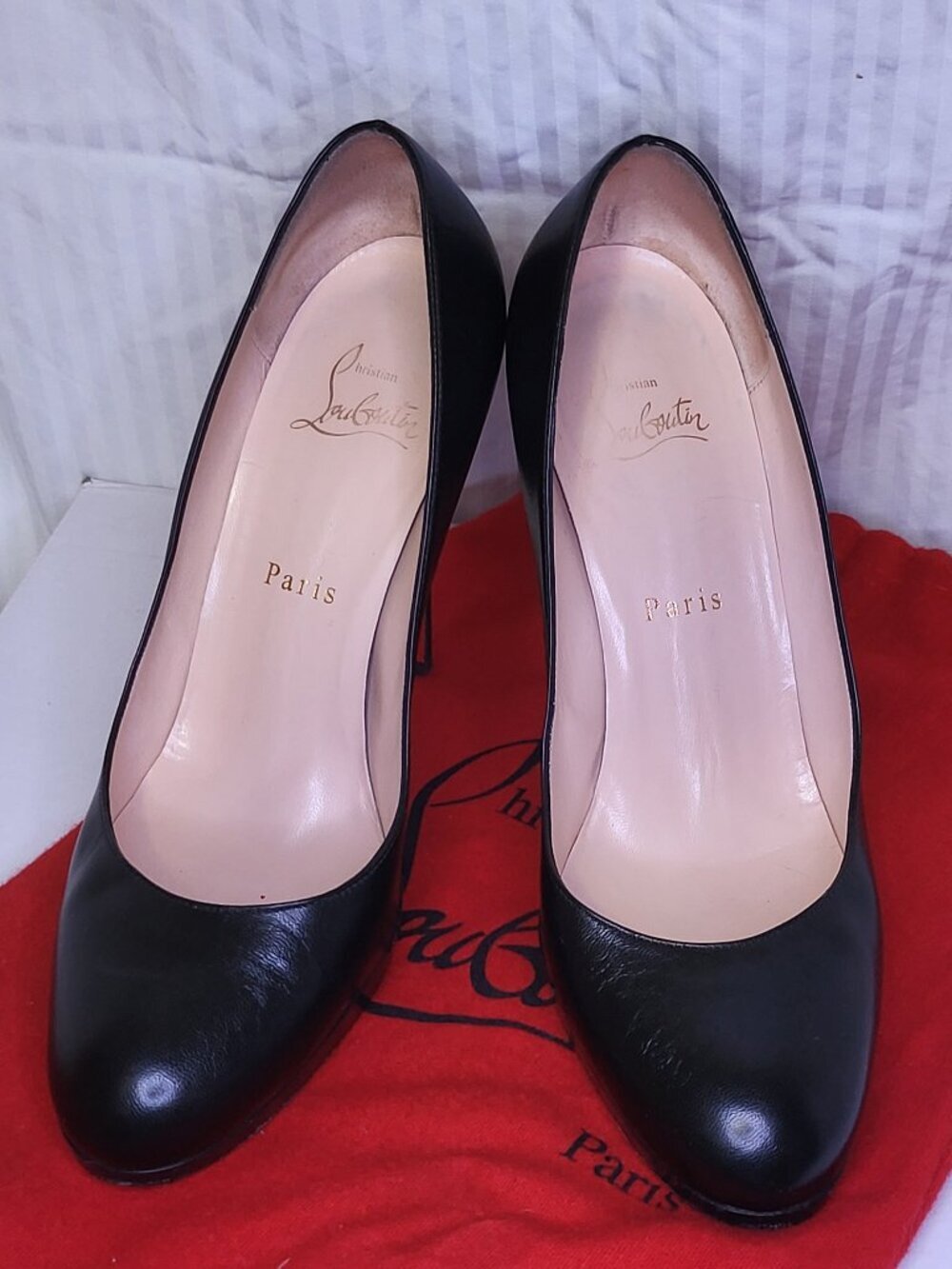 Christian Louboutin Black Leather Platform Pumps Red Sole Stiletto Heels Size 38